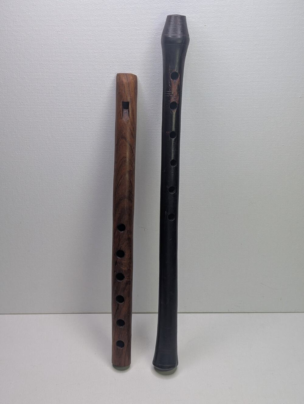 Lot of 2 Wooden 6-Hole Flutes Brown & Black Folk Wind Instruments 12" 16"